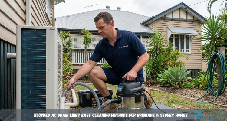 technician is unclogging ac drain pipe